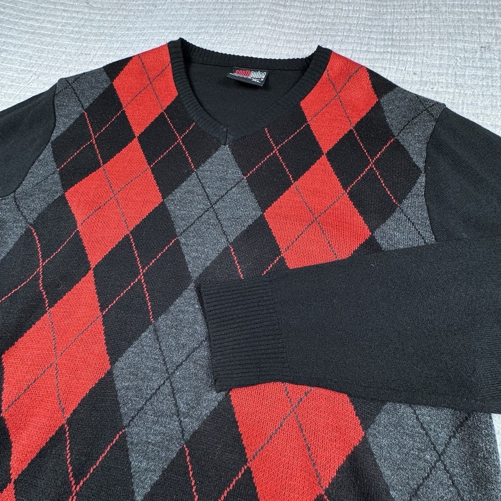 Vintage Southpole Acrylic Sweater Men XL Argyle Grandpa Preppy Black Pullover